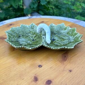 Vintage Green Majolica Double Leaf Dish Portugal Ceramic Relis Tray Cabbage Ware